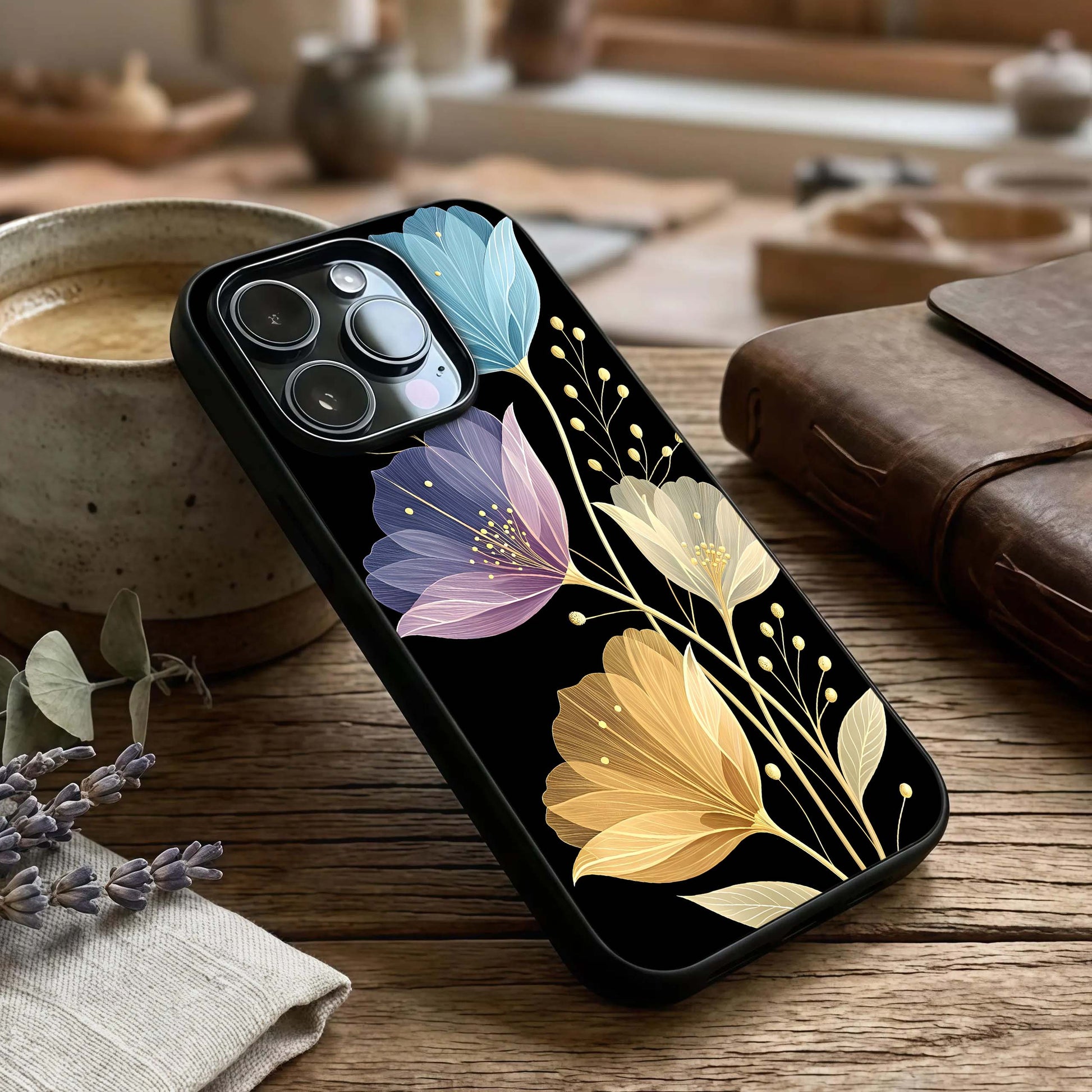 Flower Bloom Glow Glass Case captured at a warm angle highlighting glowing petals, gloss, and edge clarity.