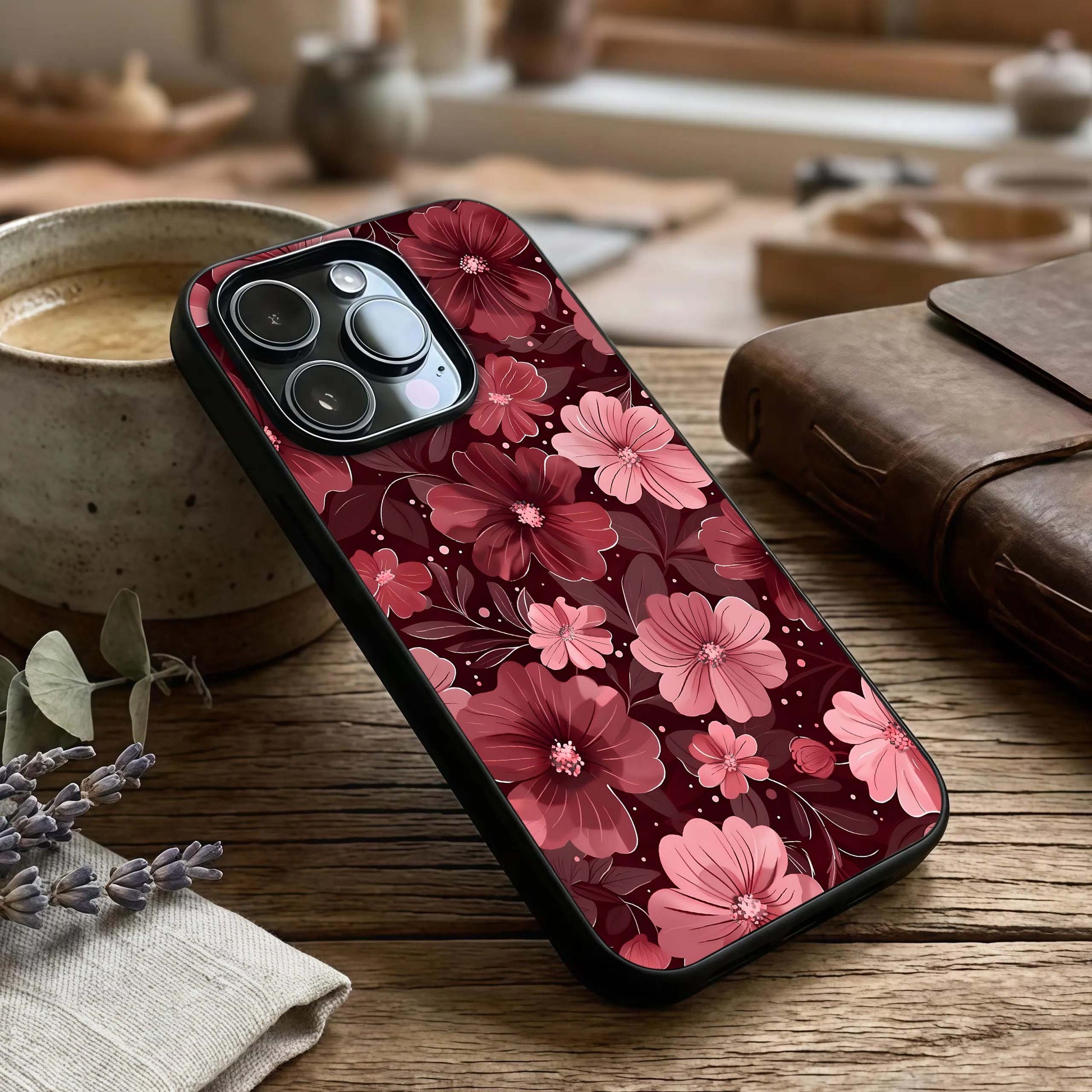 Flower Blush Bloom Glass Case captured at a warm angle highlighting gentle tones, gloss, and edge clarity.