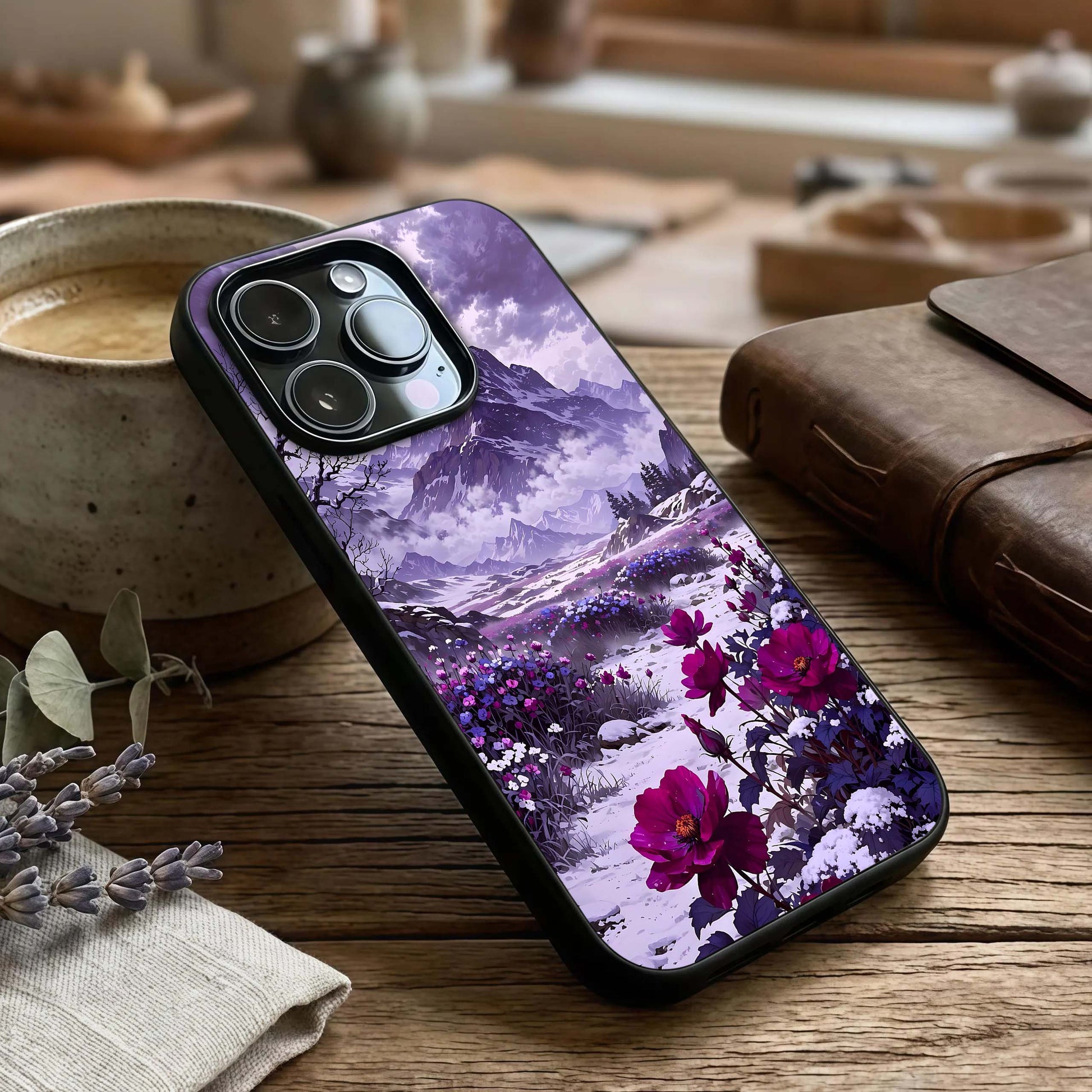 Flower Mountain View Glass Case captured at a warm angle highlighting landscape layers, gloss, and edge clarity.