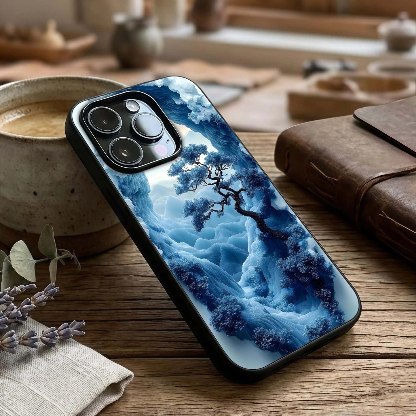 Frozen Serenity Gate Glass Case captured at a warm angle highlighting cool tones, gloss, and edge clarity.
