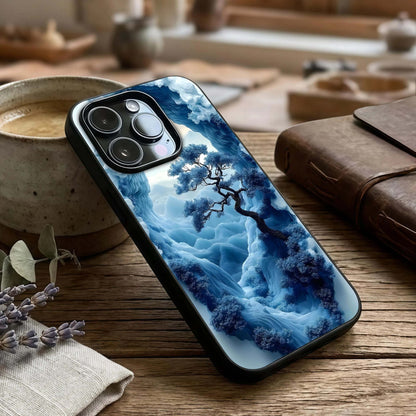 Frozen Serenity Gate Glass Case captured at a warm angle highlighting cool tones, gloss, and edge clarity.