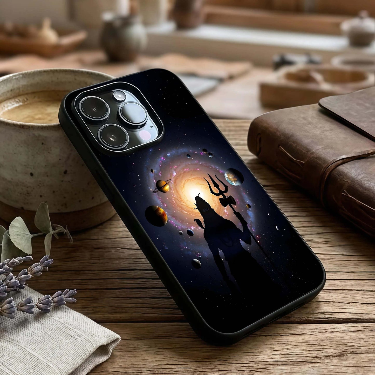 Galactic Shiva Vision Glass Case captured at a warm angle highlighting celestial glow, gloss, and edge clarity.