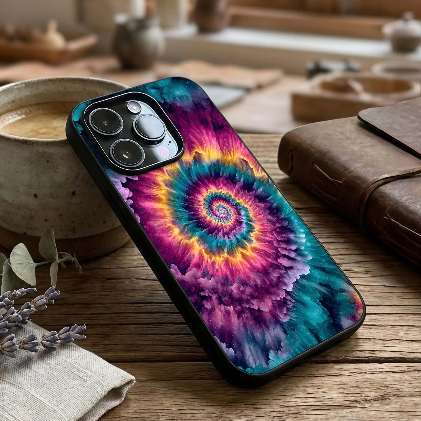 Galactic Spiral Burst Glass Case captured at a warm angle highlighting spiral motion, gloss, and edge clarity.