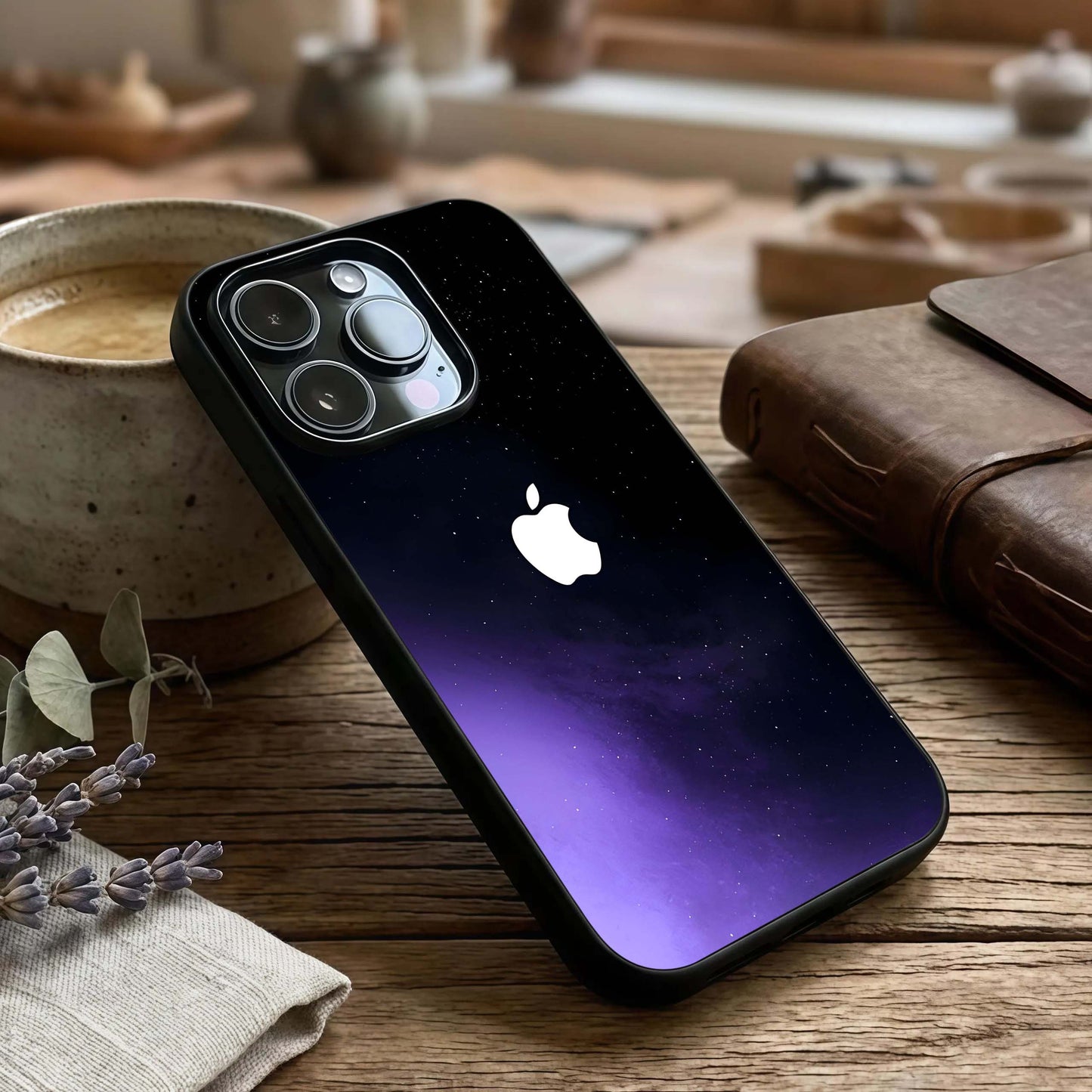 Galaxy Apple Aura Glass Case captured at a warm angle highlighting radiant tones, gloss, and edge clarity.