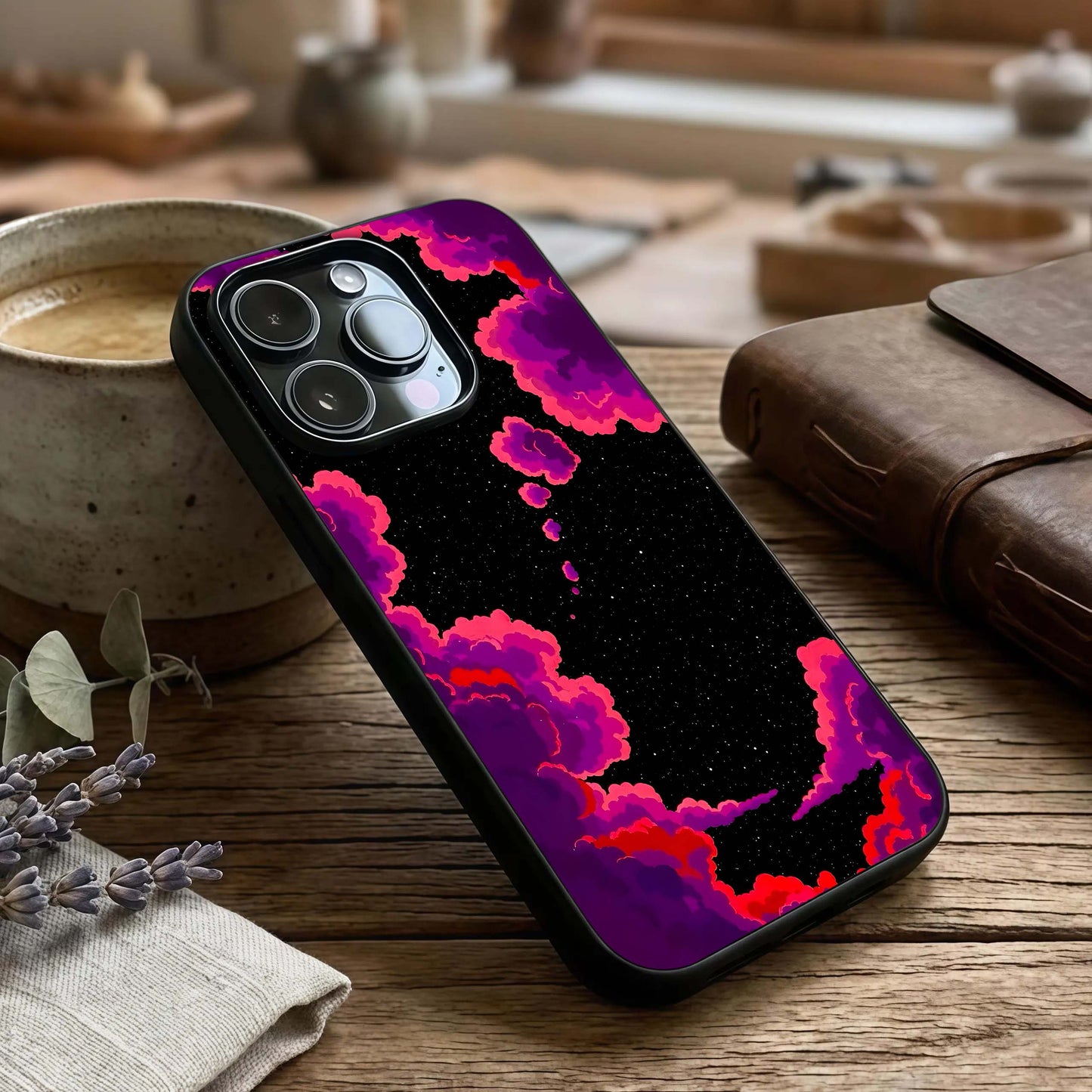 Galaxy Dream Frame Glass Case captured at a warm angle highlighting layered borders, gloss, and edge clarity.