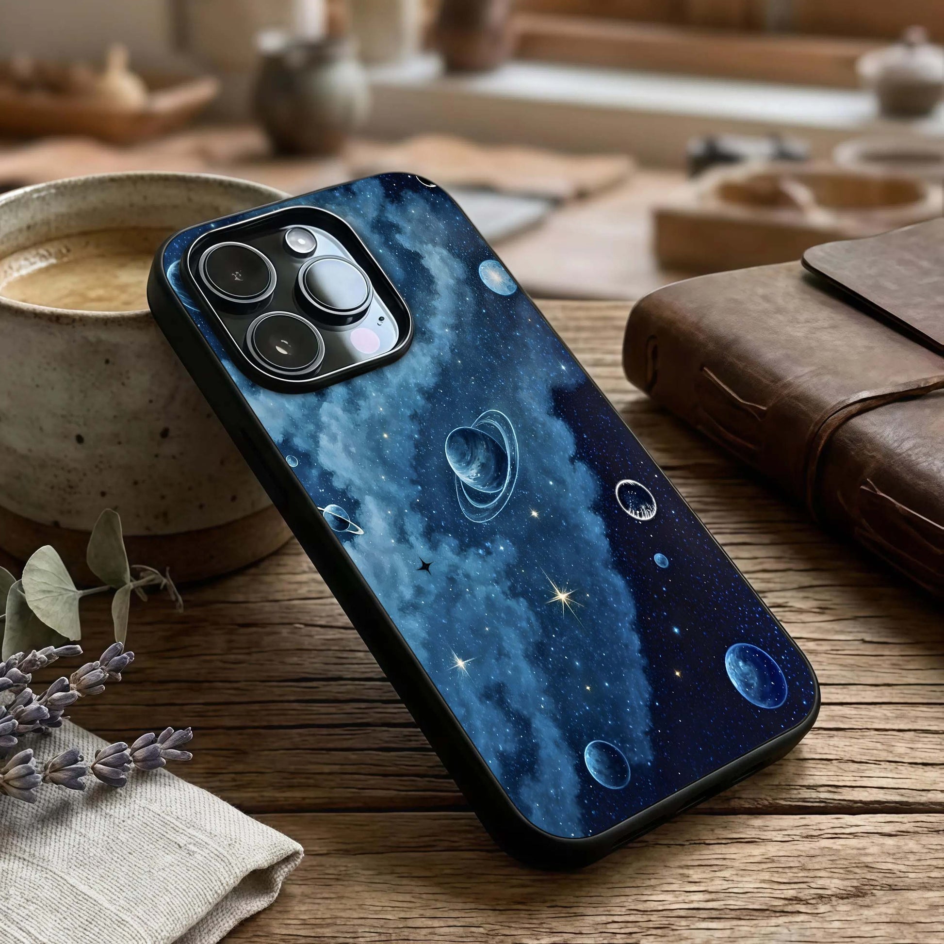 Galaxy Dream Space Glass Case captured at a warm angle highlighting star-filled tones, gloss, and edge clarity.