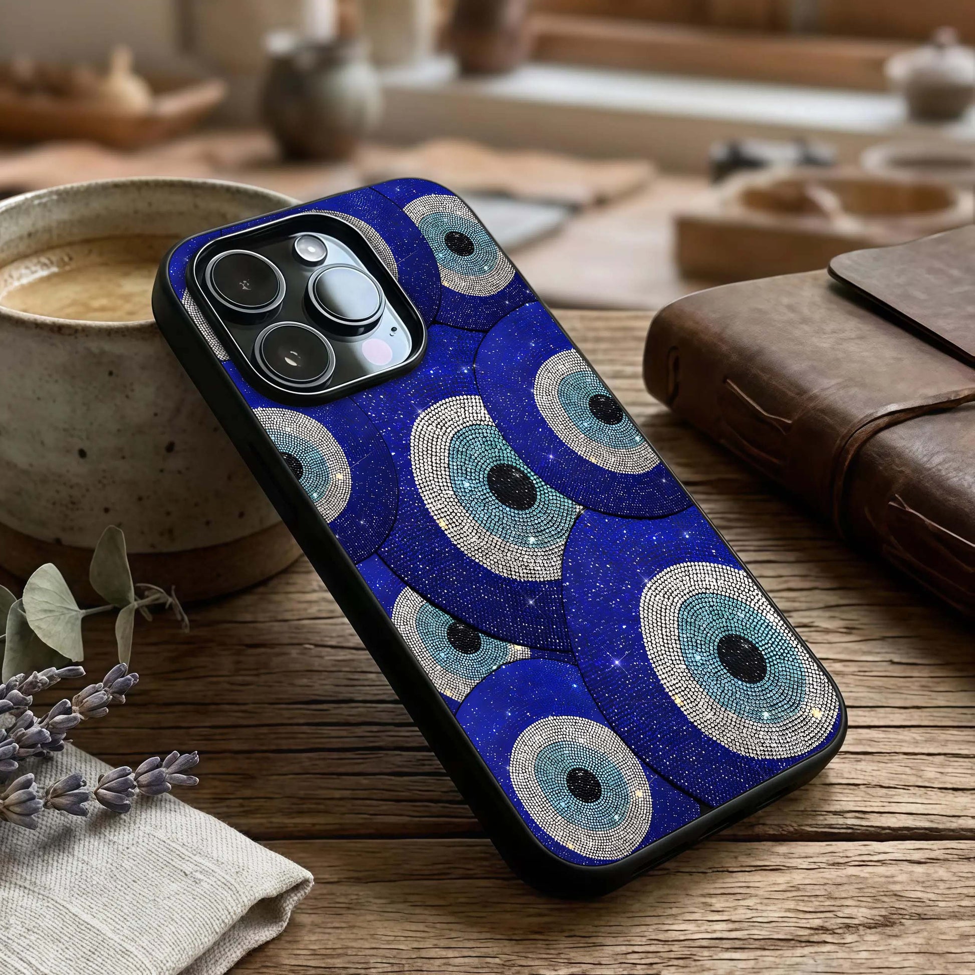 Galaxy Eye Flow Glass Case captured at a warm angle highlighting vivid contrasts, gloss, and edge clarity.