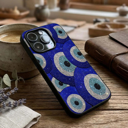 Galaxy Eye Flow Glass Case captured at a warm angle highlighting vivid contrasts, gloss, and edge clarity.