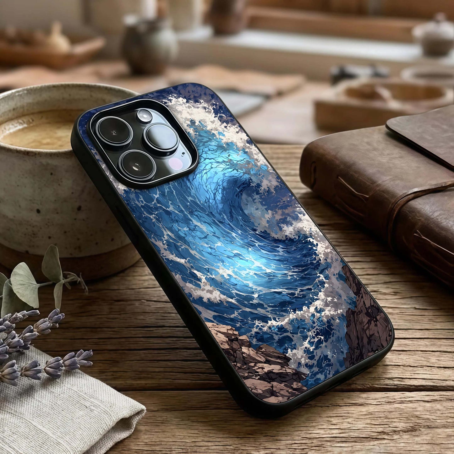 Giant Ocean Wave Glass Case captured at a warm angle highlighting crashing motion, gloss, and edge clarity.