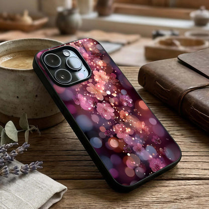 Glowing Petal Bliss Glass Case captured at a warm angle highlighting radiant florals, gloss, and edge clarity.