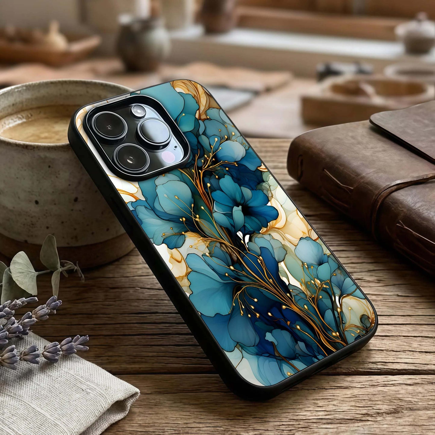 Golden Bloom Symphony Glass Case captured at a warm angle highlighting layered petals, gloss, and edge clarity.