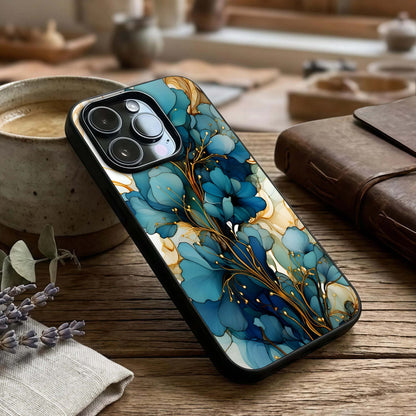 Golden Bloom Symphony Glass Case captured at a warm angle highlighting layered petals, gloss, and edge clarity.