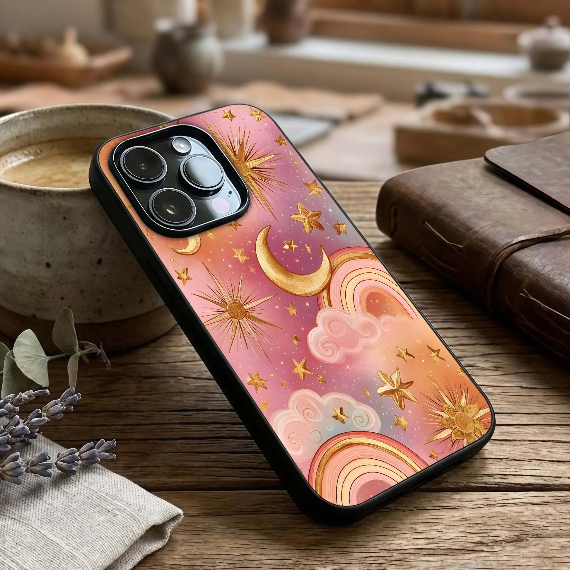 Golden Celestial Dreams Glass Case captured at a warm angle highlighting radiant tones, gloss, and edge clarity.