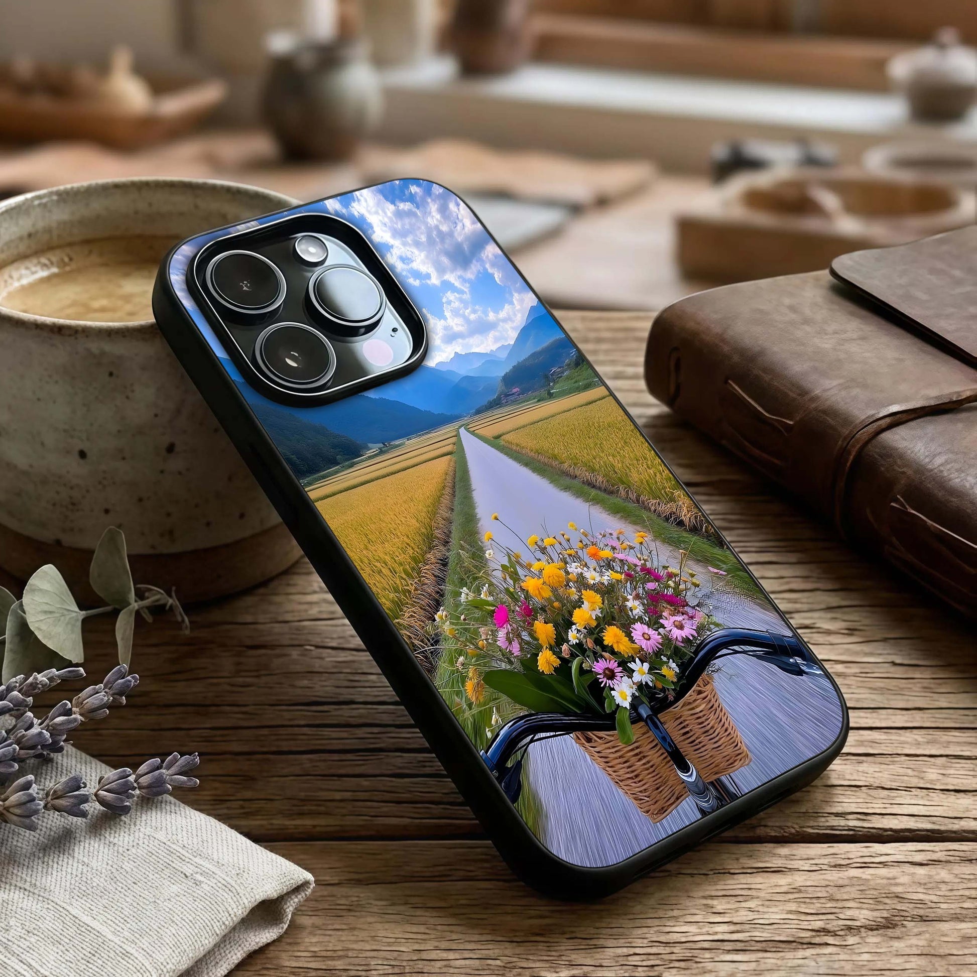Golden Field Journey Glass Case captured at a warm angle highlighting flowing fields, gloss, and edge clarity.