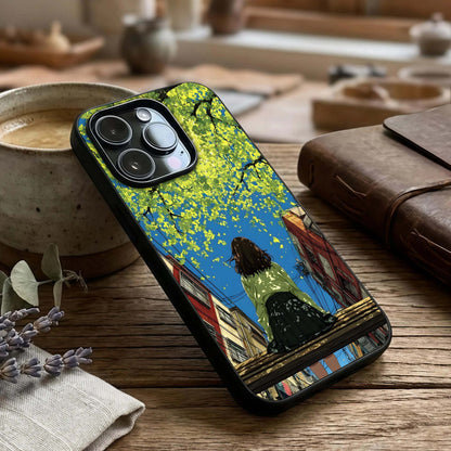 Golden Leaves Glow Glass Case captured at a warm angle highlighting textured leaves, gloss, and edge clarity.