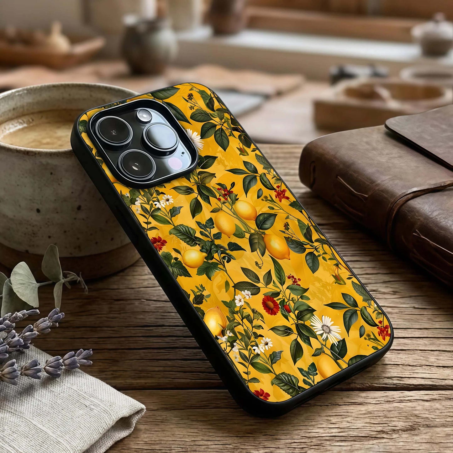 Golden Lemon Field Glass Case captured at a warm angle highlighting fresh tones, gloss, and edge clarity.