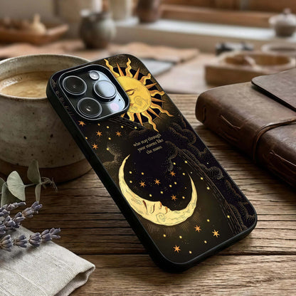 Golden Lunar Love Glass Case captured at a warm angle highlighting soft lunar tones, gloss, and edge clarity.