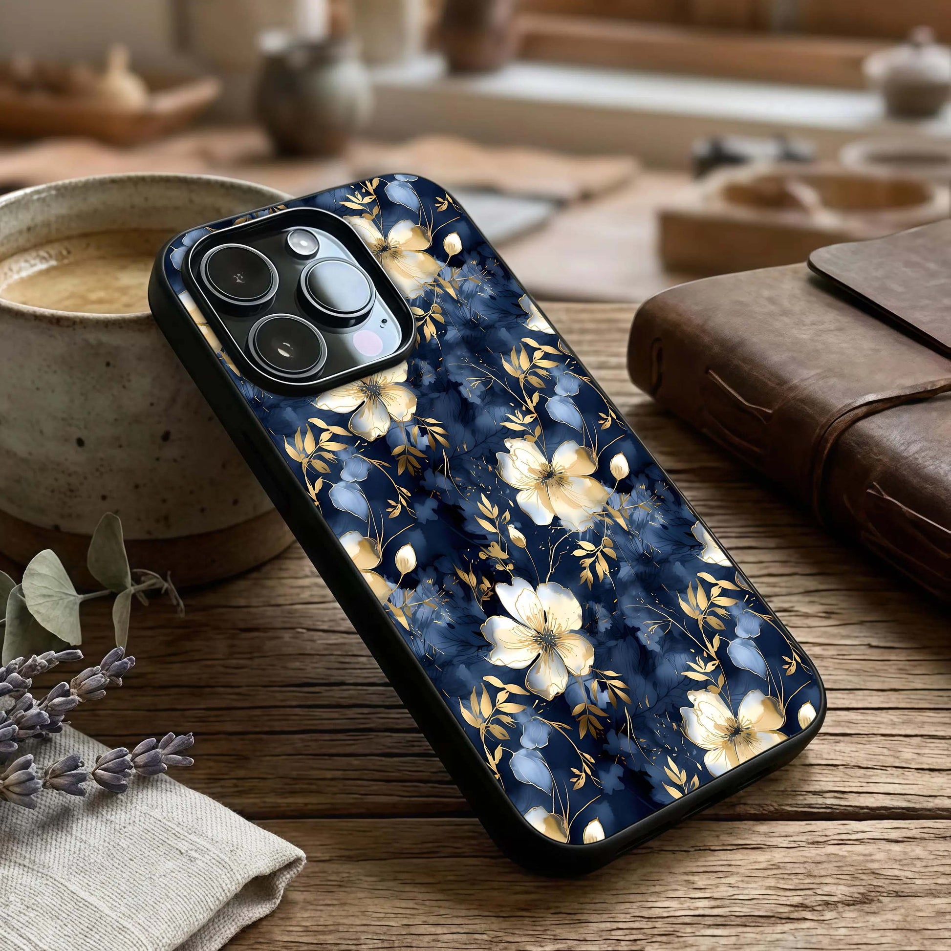 Golden Midnight Bloom Glass Case captured at a warm angle highlighting dark gold contrasts, gloss, and edge clarity.