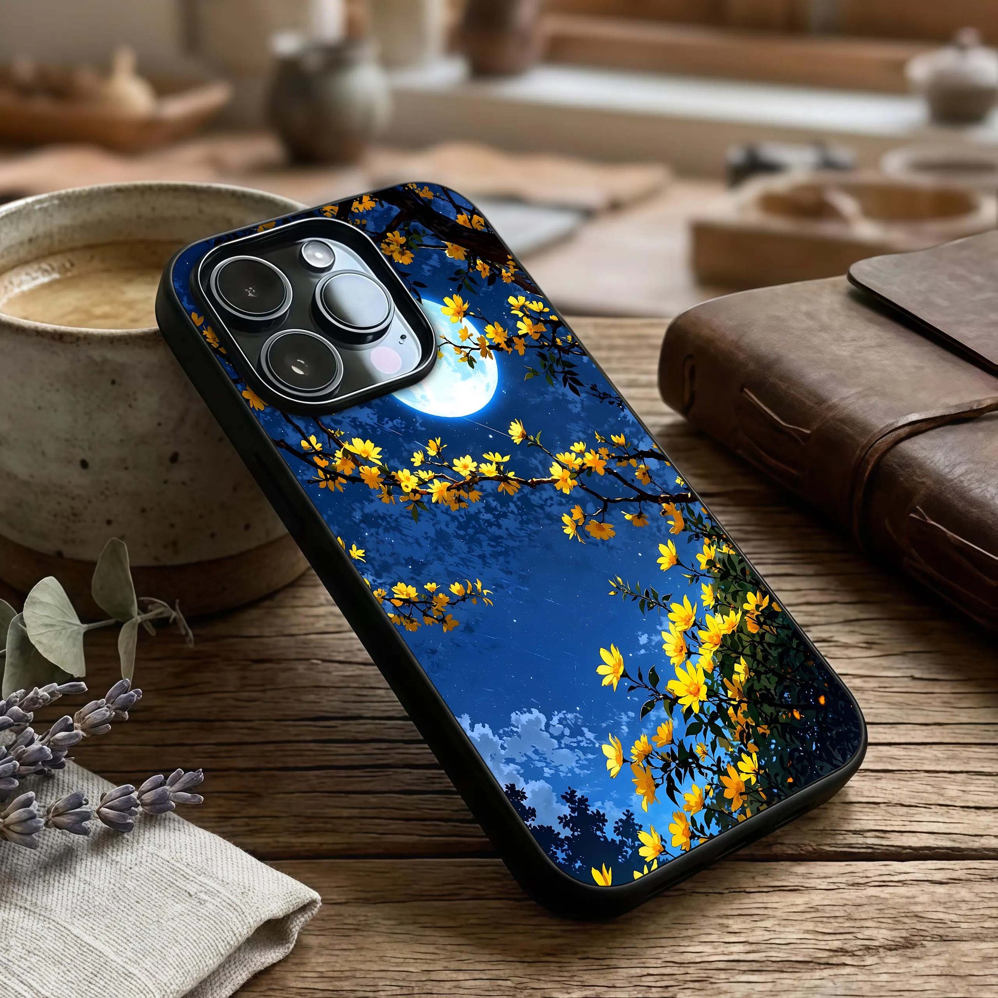 Golden Night Glow Glass Case captured at a warm angle highlighting soft illumination, gloss, and edge clarity.