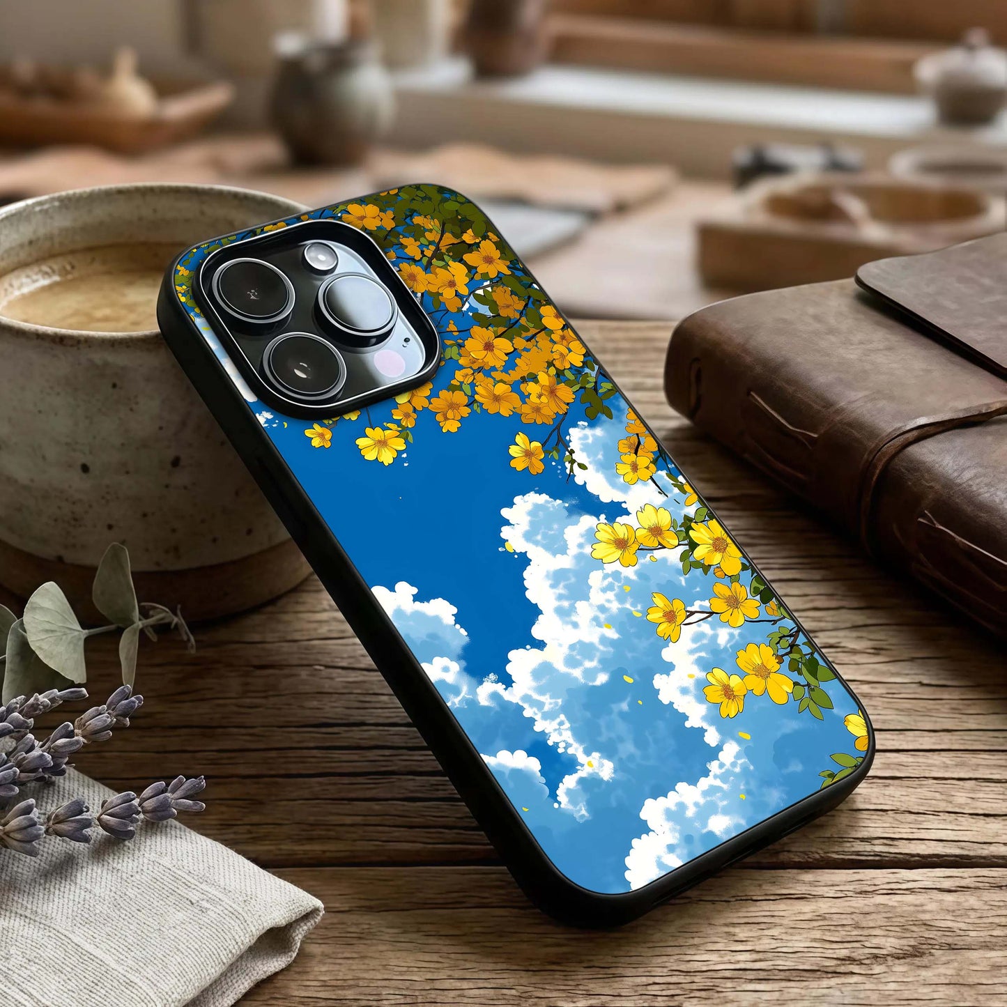Golden Petal Sky Glass Case captured at a warm angle highlighting soft sky tones, gloss, and edge clarity.