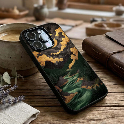 Golden River Moon Glass Case captured at a warm angle highlighting flowing reflections, gloss, and edge clarity.