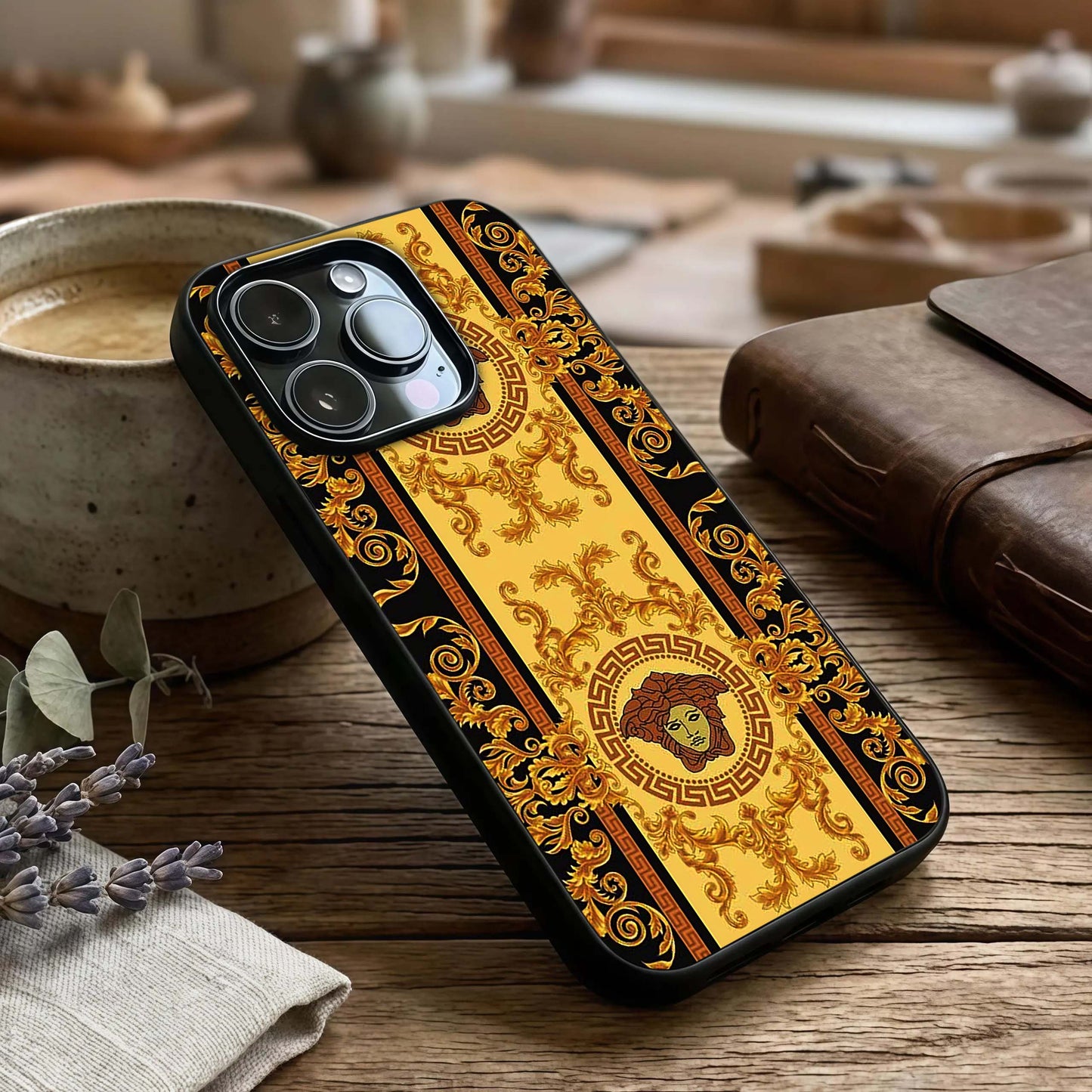 Golden Royal Heritage Glass Case captured at a warm angle highlighting ornate accents, gloss, and edge clarity.