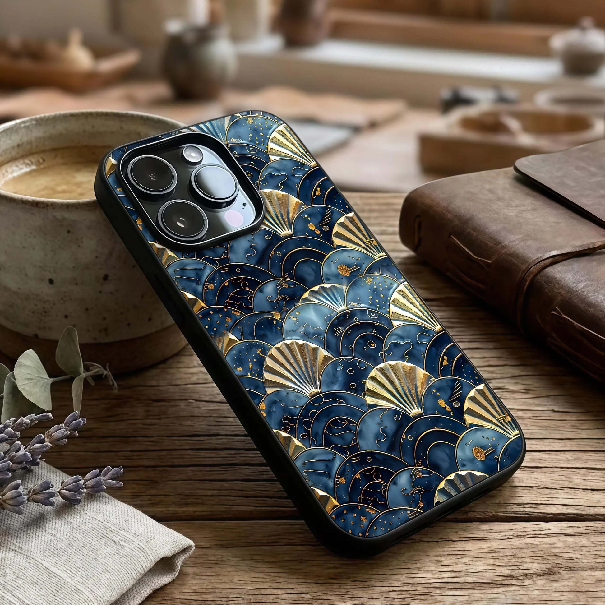 Golden Wave Luxe Glass Case captured at a warm angle highlighting smooth motion, gloss, and edge clarity.