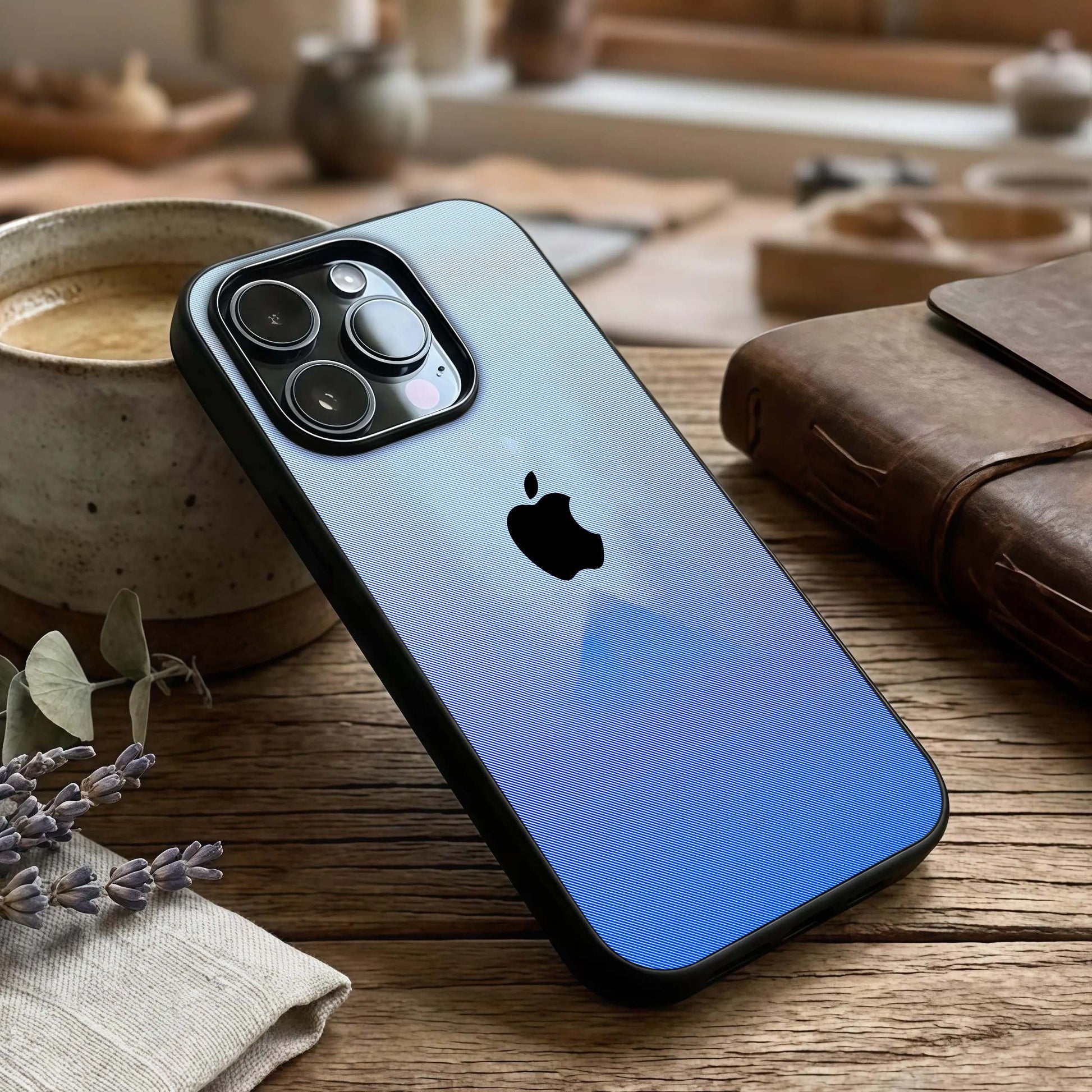 Gradient Apple Vibe Glass Case captured at a warm angle highlighting blended tones, gloss, and edge clarity.