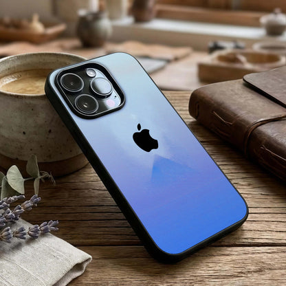 Gradient Apple Vibe Glass Case captured at a warm angle highlighting blended tones, gloss, and edge clarity.