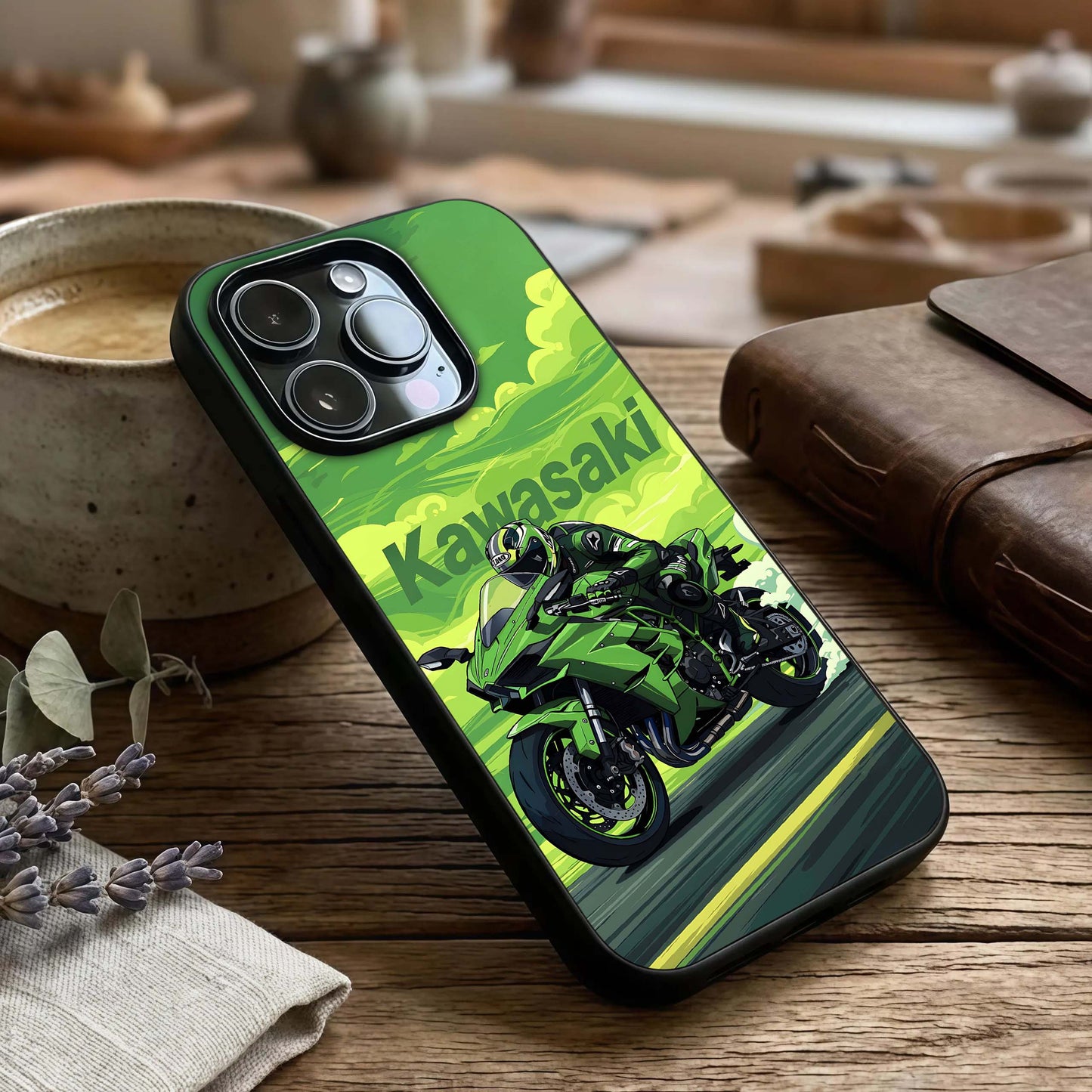 Green Kawasaki Glass Case captured at a warm angle highlighting sharp contrasts, gloss, and edge clarity.