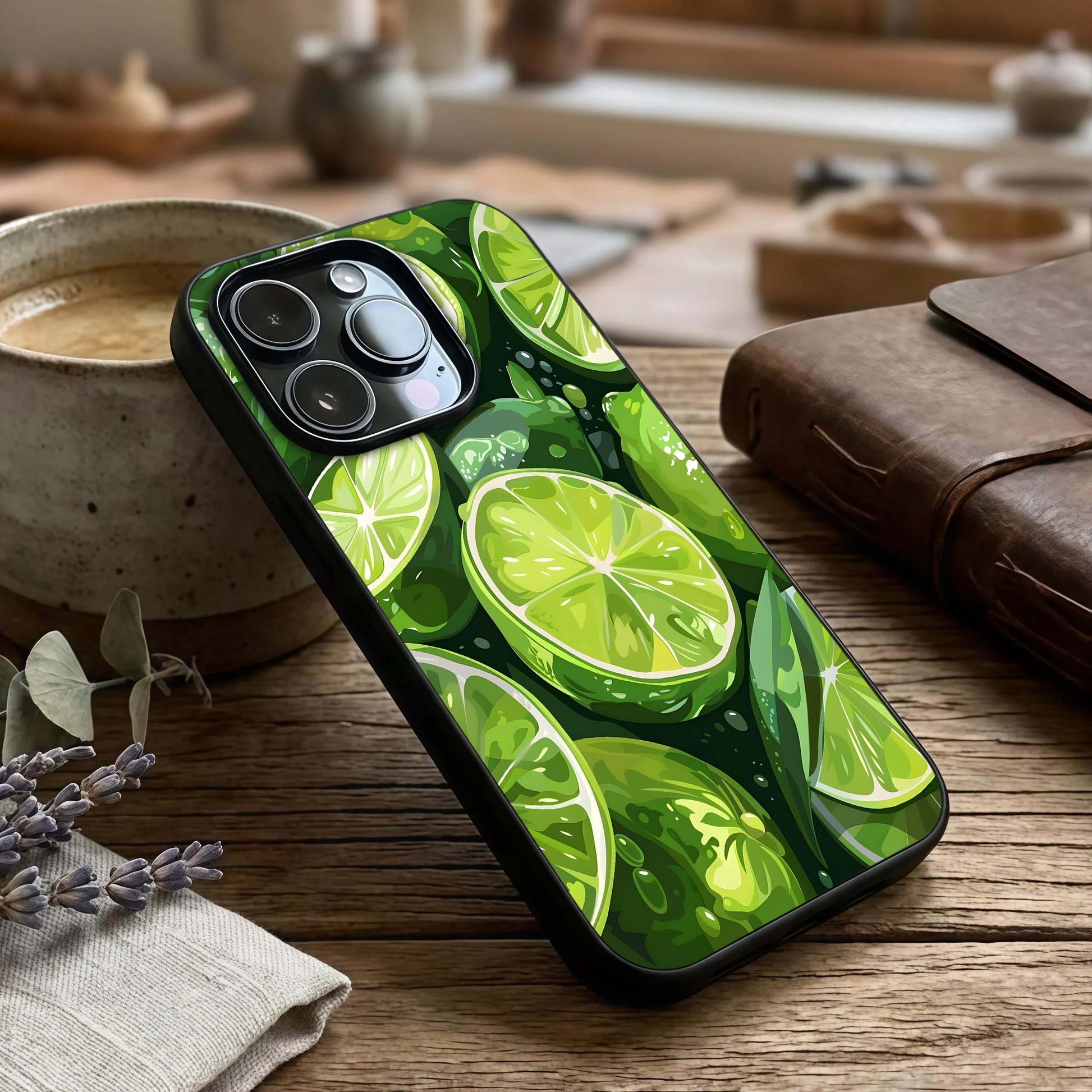Green Lemon Glass Case captured at a warm angle highlighting bright green tones, gloss, and edge clarity.