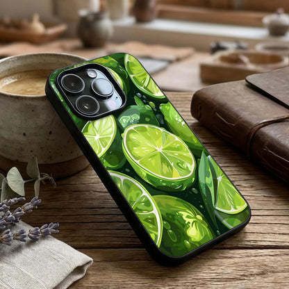 Green Lemon Glass Case captured at a warm angle highlighting bright green tones, gloss, and edge clarity.