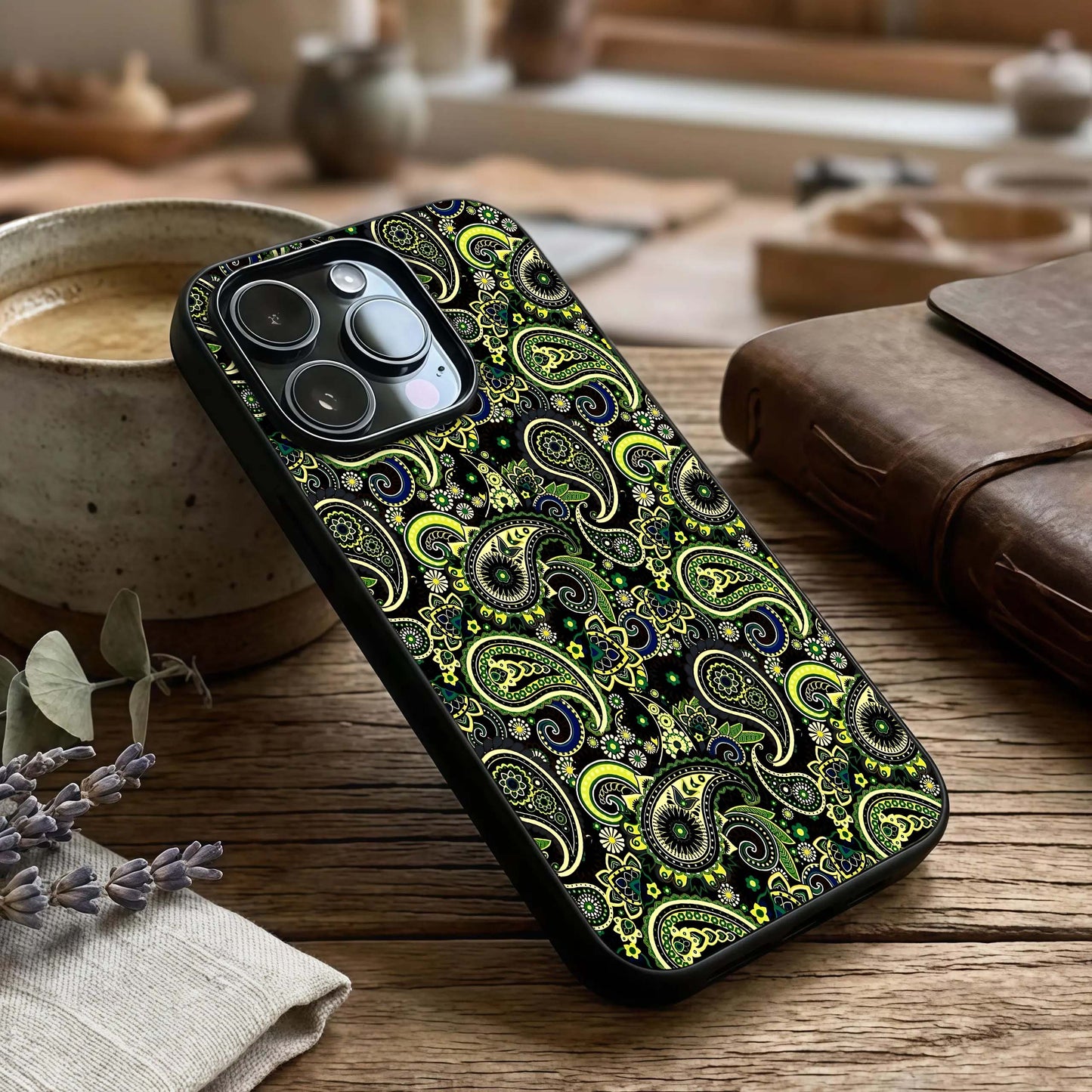 Green Mandala Pattern Glass Case captured at a warm angle highlighting detailed symmetry, gloss, and edge clarity.