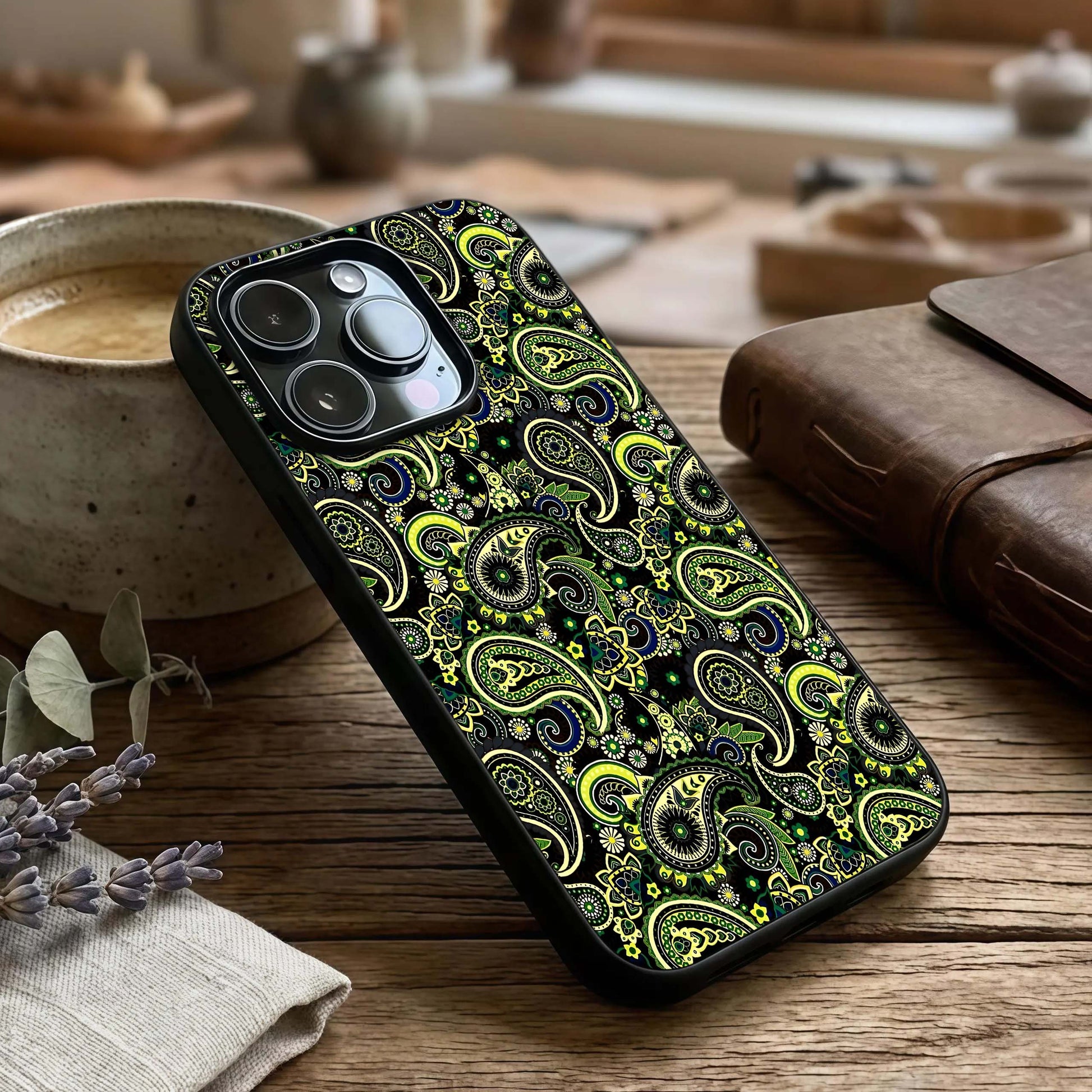 Green Mandala Pattern Glass Case captured at a warm angle highlighting detailed symmetry, gloss, and edge clarity.