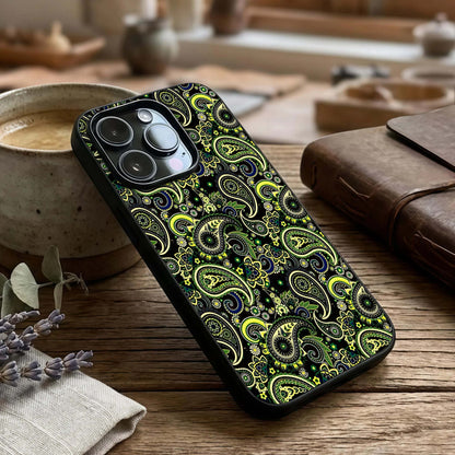 Green Mandala Pattern Glass Case captured at a warm angle highlighting detailed symmetry, gloss, and edge clarity.