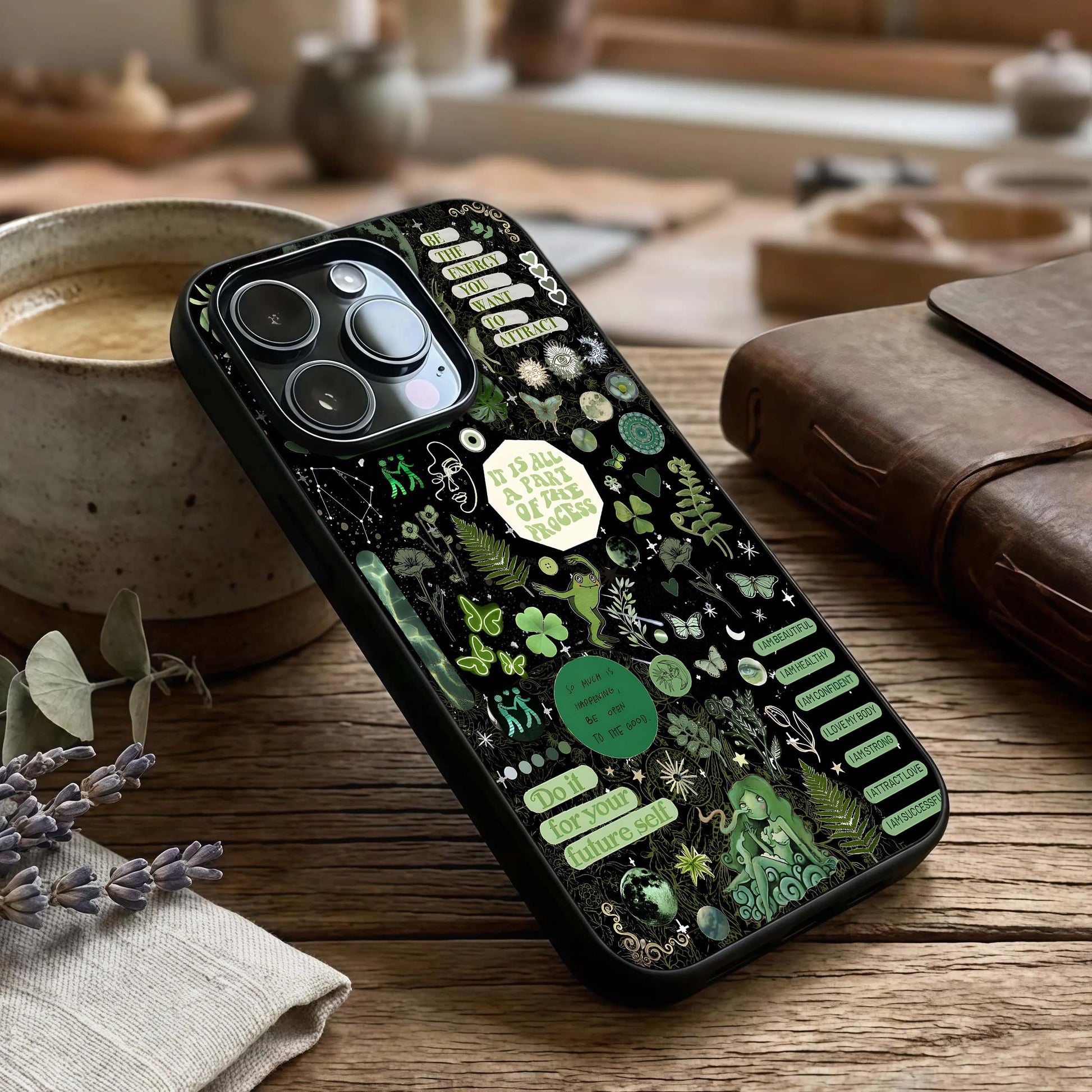 Green Moon Energy Glass Case captured at a warm angle highlighting radiant tones, gloss, and edge clarity.