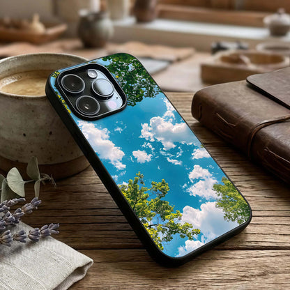 Greenery Sky Glass Case captured at a warm angle highlighting airy hues, gloss, and edge clarity.