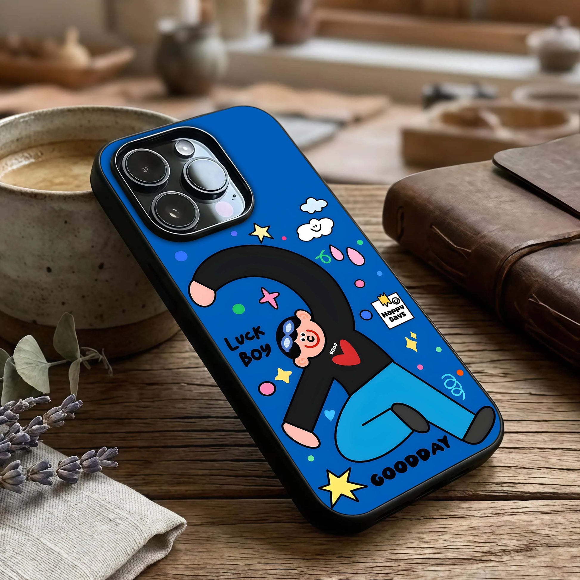 Happy Luck Vibe Glass Case captured at a warm angle highlighting joyful tones, gloss, and edge clarity.