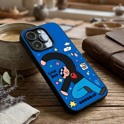 Happy Luck Vibe Glass Case captured at a warm angle highlighting joyful tones, gloss, and edge clarity.