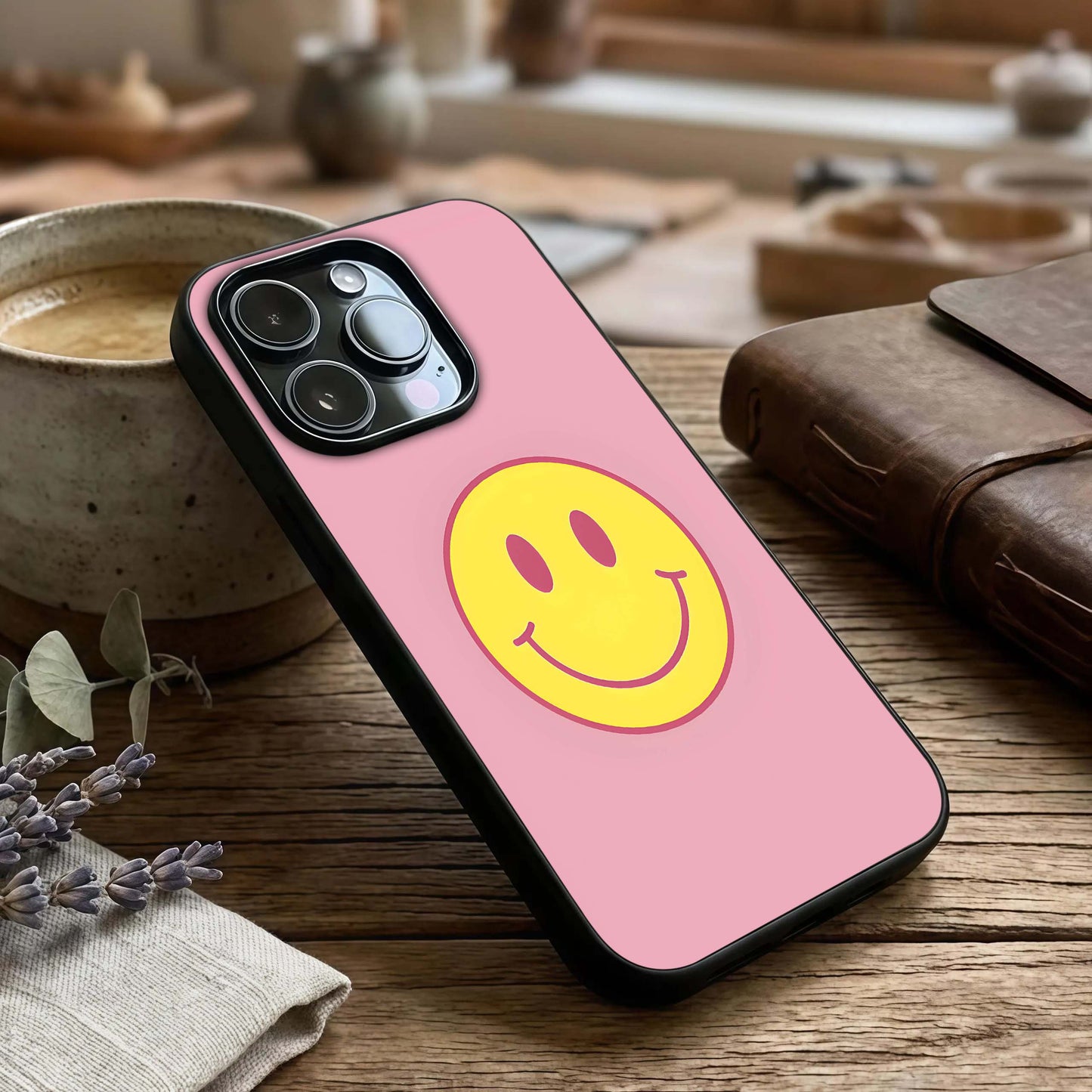 Happy Pink Mood Glass Case captured at a warm angle highlighting pastel hues, gloss, and edge clarity.