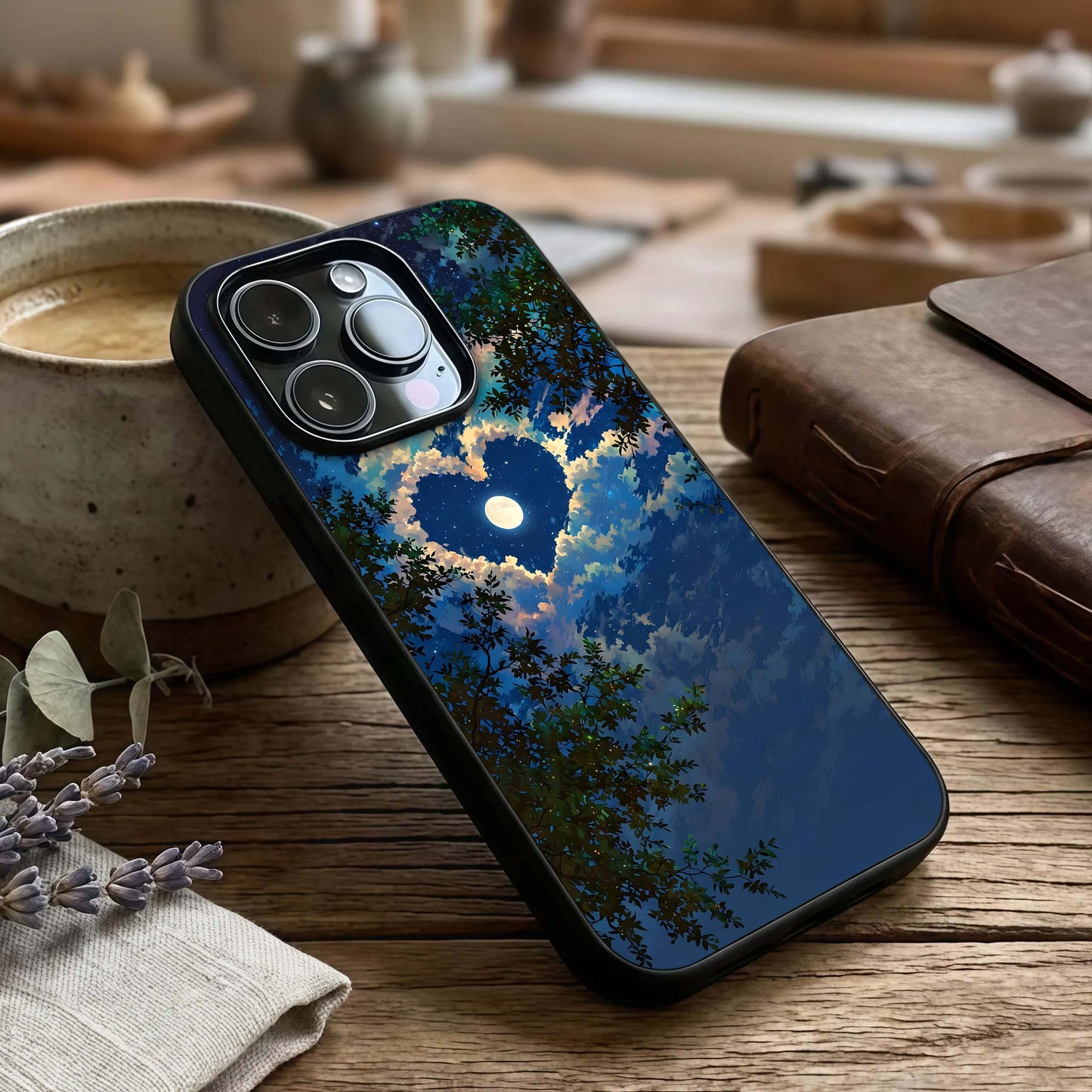 Heart with Moon Sky Glass Case captured at a warm angle highlighting soft night tones, gloss, and edge clarity.