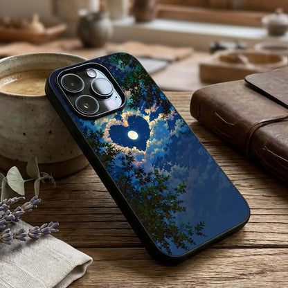 Heart with Moon Sky Glass Case captured at a warm angle highlighting soft night tones, gloss, and edge clarity.