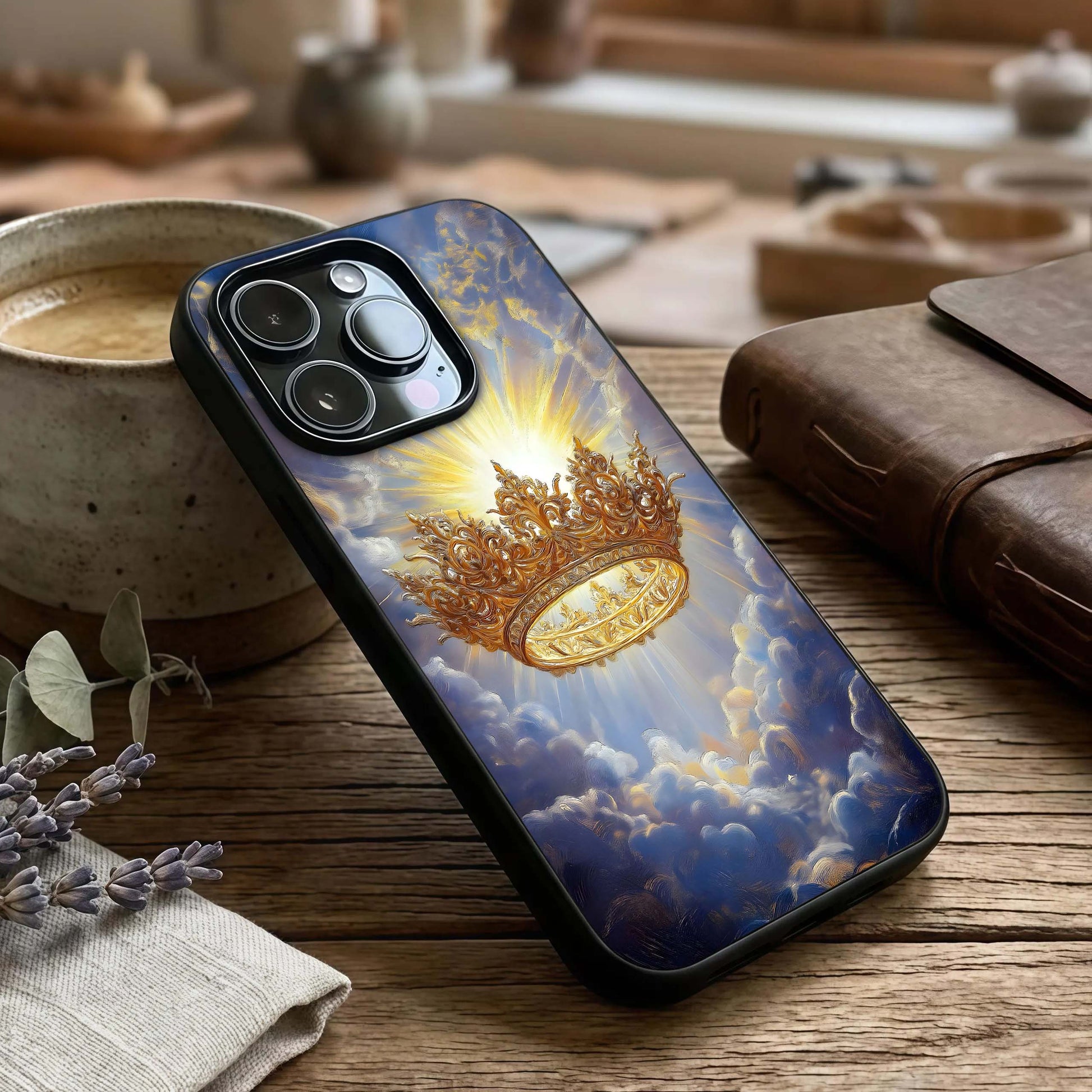 Heavenly Crown Light Glass Case captured at a warm angle highlighting luminous accents, gloss, and edge clarity.
