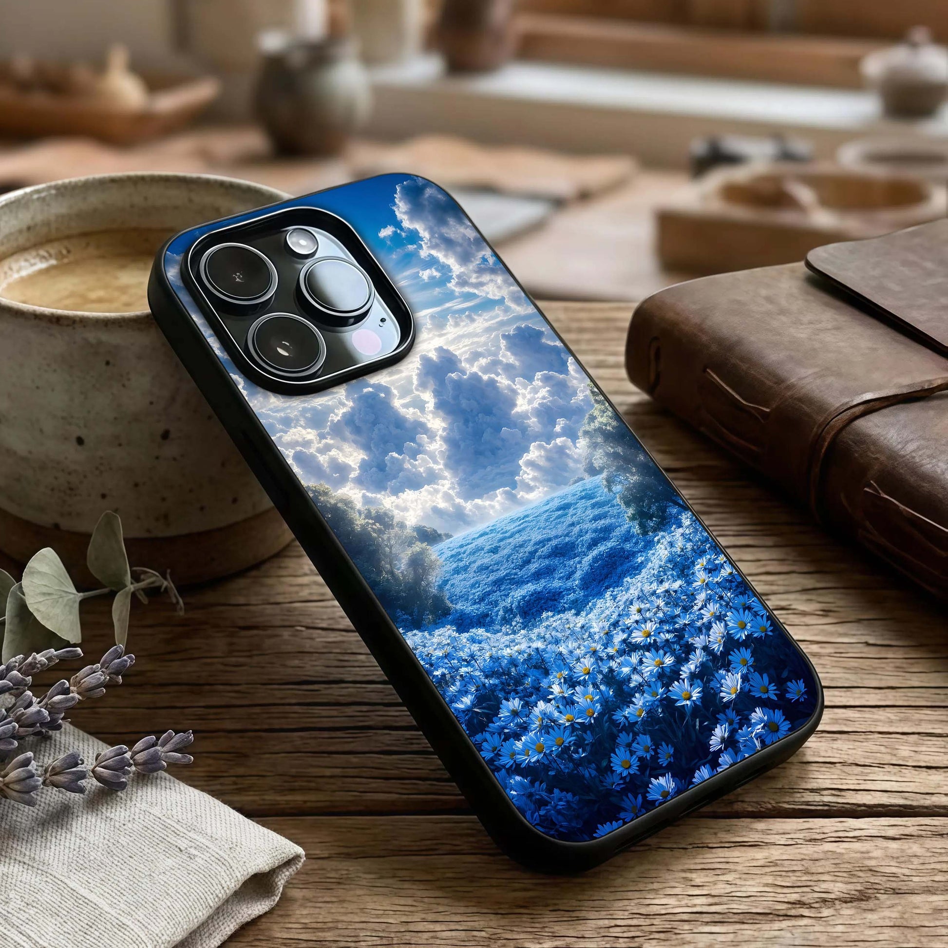 Heavenly Daisy Horizon Glass Case captured at a warm angle highlighting soft florals, gloss, and edge clarity.