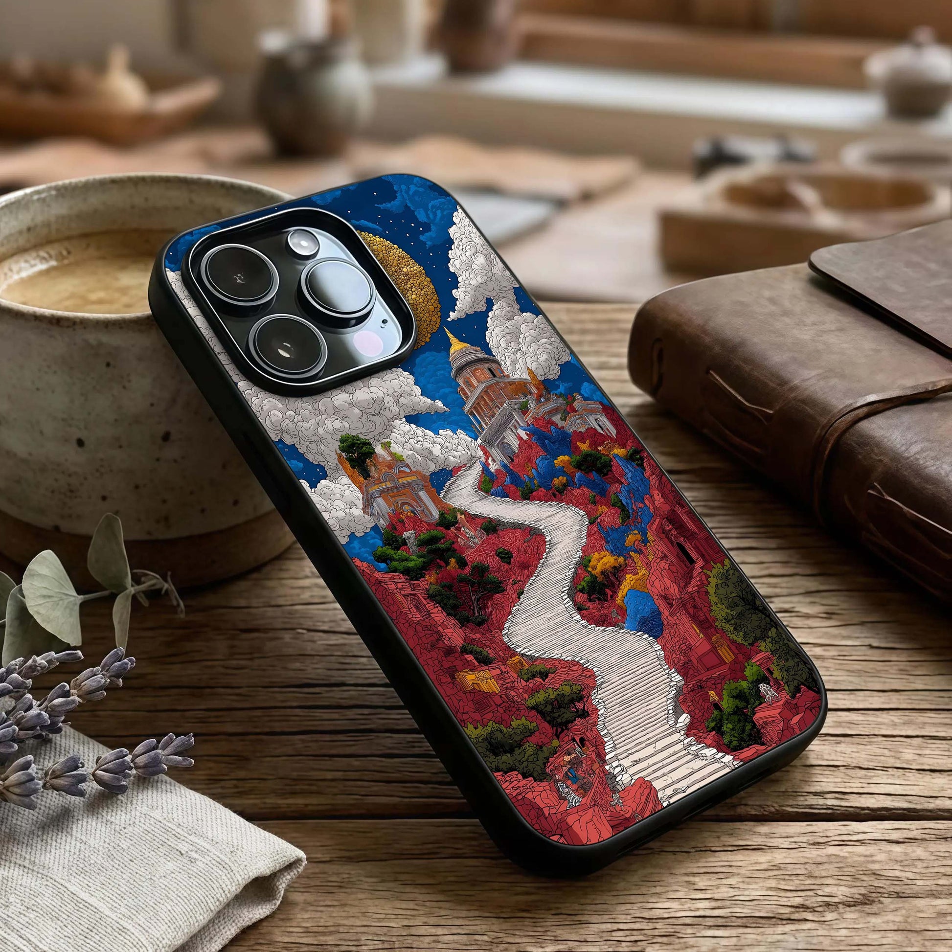 Heavenly Moon Path Glass Case captured at a warm angle highlighting calm night tones, gloss, and edge clarity.