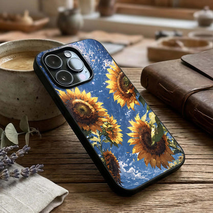 Heavenly Sunflower Rise Glass Case captured at a warm angle highlighting golden petals, gloss, and edge clarity.