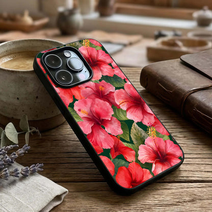Hibiscus Pattern Glass Case captured at a warm angle highlighting vibrant petals, gloss, and edge clarity.