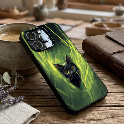 Hidden Cat Whisper Glass Case captured at a warm angle highlighting soft details, gloss, and edge clarity.