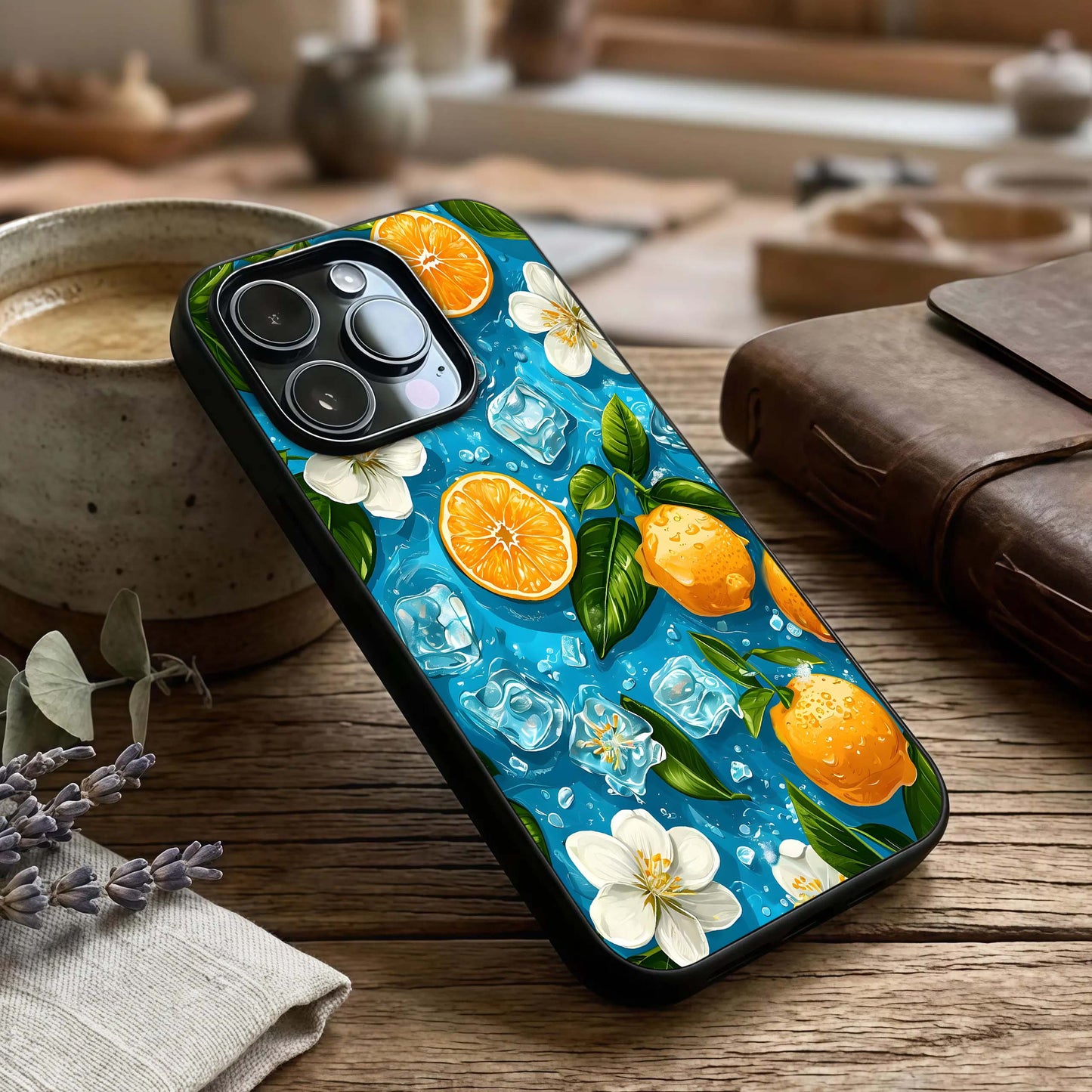 Ice Cube With Orange Glass Case captured at a warm angle highlighting cool contrast, gloss, and edge clarity.