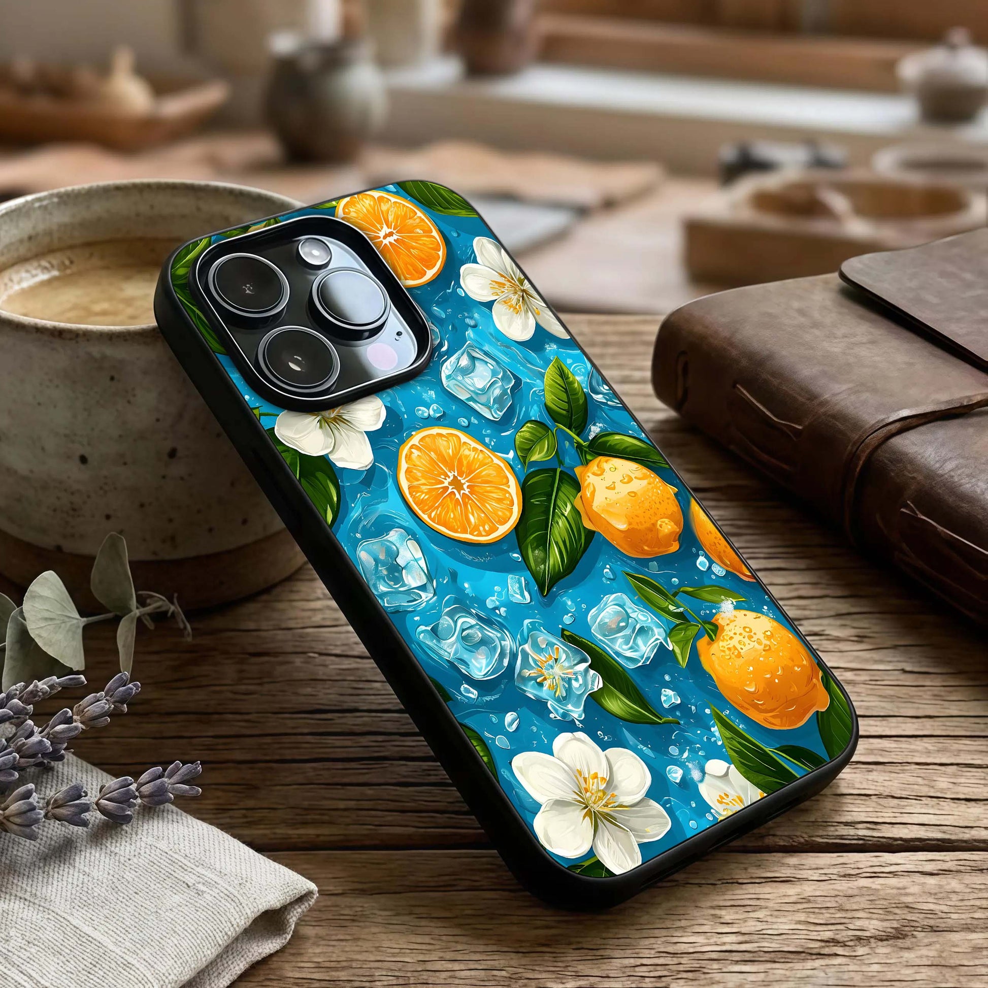 Ice Cube With Orange Glass Case captured at a warm angle highlighting cool contrast, gloss, and edge clarity.